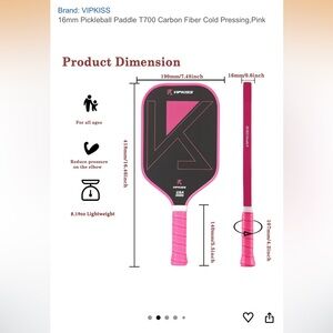 VIPKISS Carbon Fiber Pickleball Paddle Pink NEW IN BOX